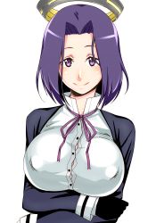 Rule 34 | 10s, 1girl, breasts, covered erect nipples, female focus, halo, kantai collection, large breasts, looking at viewer, mechanical halo, purple eyes, purple hair, sato iori, simple background, smile, solo, tatsuta (kancolle), white background