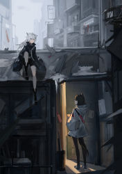 Rule 34 | 2girls, absurdres, animal ears, arknights, backlighting, bag, balcony, black coat, black footwear, black hair, black pants, black shorts, boots, box, building, cable, coat, commentary, door, english commentary, full body, grey eyes, grey hair, grey sky, hair ornament, hairclip, highres, holding, holding box, knee up, lappland (arknights), long hair, looking at another, material growth, multiple girls, official alternate costume, on roof, open door, oripathy lesion (arknights), outdoors, pants, red eyes, scar, scar across eye, scar on face, senkane, shoes, shorts, shoulder bag, sign, sitting, sitting on roof, sky, sneakers, texas (arknights), texas (winter messenger) (arknights), umbrella, umbrella stand, white coat, wolf ears