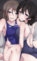 Rule 34 | 10s, 2girls, all fours, asymmetrical docking, black hair, black one-piece swimsuit, blue eyes, blue one-piece swimsuit, breast press, collarbone, commentary request, competition swimsuit, cousins, grey hair, highres, looking at viewer, love live!, love live! school idol project, love live! sunshine!!, love live! sunshine!! the school idol movie over the rainbow, multiple girls, nasuno (nasuno42), one-piece swimsuit, purple eyes, short hair, sitting, smile, swimsuit, watanabe tsuki, watanabe you