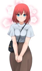 1girl absurdres alternate_costume bag between_breasts black_bag blue_eyes blush breasts brown_skirt casual closed_mouth commentary commission english_commentary fav_faris grey_shirt handbag highres hisui_(tsukihime) looking_at_viewer own_hands_together red_hair shirt short_hair short_sleeves simple_background skirt solo tsukihime white_background