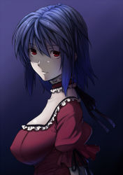 Rule 34 | 1girl, aged up, blue hair, breasts, choker, collarbone, covered erect nipples, dress, female focus, hiroya juuren, impossible clothes, impossible dress, large breasts, no headwear, no wings, pale skin, portrait, profile, red eyes, remilia scarlet, ribbon, shaded face, short hair, solo, staring, touhou, upper body