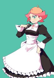 Rule 34 | 1girl, alternate costume, amanda o&#039;neill, apron, aqua background, breasts, cowboy shot, dress, enmaided, frilled apron, frills, green eyes, hand on own hip, hand up, highres, hys-d, juliet sleeves, little witch academia, long sleeves, maid, maid apron, medium breasts, multicolored hair, orange hair, parted lips, puffy sleeves, red hair, short hair, simple background, smile, solo, two-tone hair