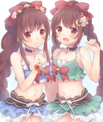 Rule 34 | 2girls, :d, amane tsukasa, amane tsukasa (swimsuit ver.), amane tsukuyo, amane tsukuyo (swimsuit ver.), bikini, bikini skirt, bikini top only, blush, bow, braid, braided ponytail, breasts, brown eyes, brown hair, collar, flat chest, flower, gradient background, hair bow, hair flower, hair ornament, highres, kazane mari, looking at viewer, magia record: mahou shoujo madoka magica gaiden, magical girl, mahou shoujo madoka magica, medium breasts, multiple girls, navel, open mouth, red eyes, siblings, sidelocks, sisters, small breasts, smile, standing, swimsuit, twin braids, twins, twintails