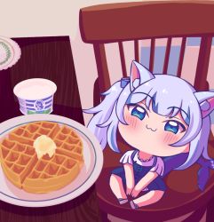 Rule 34 | 1girl, :3, animal ears, blue eyes, blue hair, blush, butter, cat ears, cat girl, chair, chibi, closed mouth, fins, fish tail, food, gawr gura, gawr gura (casual), hololive, hololive english, looking at viewer, medium hair, meme, photo-referenced, plate, shark girl, shark tail, short sleeves, sitting, smile, solo, table, tail, twintails, virtual youtuber, waffle, white hair, zetxune