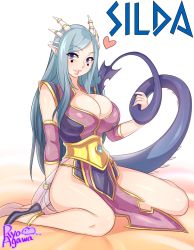 Rule 34 | 1girl, agawa ryou, artist name, blue hair, breasts, dragon tail, female focus, heart, horns, huge breasts, long hair, monster girl, pointy ears, purple eyes, sitting, smile, tail, thighs