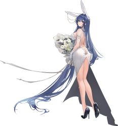 Rule 34 | 1girl, absurdly long hair, ass, azur lane, back, backless outfit, bare back, between buttocks, blue eyes, blue hair, blush, breasts, butt crack, dress, flower, from behind, gloves, hair between eyes, hair ornament, high heels, highres, large breasts, long hair, looking at viewer, looking back, new jersey (azur lane), new jersey (snow-white ceremony) (azur lane), official alternate costume, official art, pumps, shoes, solo, stiletto heels, transparent background, twisted torso, very long hair, wedding dress, white dress, yyy (zelda10010)