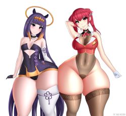 Rule 34 | 2girls, absurdres, animal ears, asymmetrical gloves, bare shoulders, black gloves, black panties, blush, breasts, brown leotard, brown thighhighs, choker, cleavage, closed mouth, covered navel, cowboy shot, crop top, curvy, dress, elbow gloves, gloves, gradient hair, half gloves, halo, heterochromia, highleg, highleg leotard, highres, hololive, hololive english, hololive fantasy, holomyth, houshou marine, houshou marine (1st costume), large breasts, leotard, leotard under clothes, long hair, looking at viewer, multicolored hair, multiple girls, ninomae ina&#039;nis, ninomae ina&#039;nis (1st costume), orange hair, panties, plump, purple dress, purple eyes, purple hair, red eyes, red hair, shiny clothes, short dress, simple background, single thighhigh, skindentation, sleeveless, small breasts, smile, standing, tentacle hair, thethighmessiah, thick thighs, thighhighs, thighs, two-tone hair, underwear, vest, virtual youtuber, white background, white gloves, white thighhighs, wide hips, yellow eyes