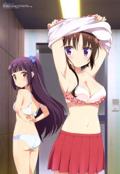 Rule 34 | 10s, 2girls, absurdres, armpits, arms behind back, arms up, ass, bare arms, bare shoulders, blue hair, blunt bangs, blush, body blush, bra, breasts, brown eyes, brown hair, ceiling light, cleavage, clothes lift, collarbone, cowboy shot, door, dressing room, hagino chiaki, hair bobbles, hair ornament, highres, hinako note, lifted by self, light frown, long hair, looking at breasts, looking at viewer, medium breasts, megami magazine, multicolored eyes, multiple girls, nakajima yua, navel, official art, one side up, open bra, panties, parted bangs, pink bra, purple eyes, purple hair, red skirt, scan, shirt, shirt lift, short hair with long locks, shoulder blades, skirt, small breasts, sodeyama mami, standing, stomach, thighs, underwear, underwear only, undressing, very long hair, white bra, white panties, white shirt, yellow eyes