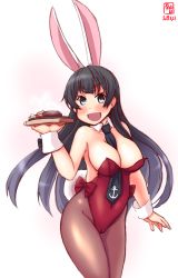 Rule 34 | 1girl, agano (kancolle), alternate costume, anchor symbol, animal ears, artist logo, bare shoulders, between breasts, black hair, black neckwear, blue eyes, blush, bow, bowtie, breasts, brown pantyhose, cameltoe, cleft of venus, covered navel, cowboy shot, dated, detached collar, fake animal ears, food, french fries, gradient background, hamburger steak, highres, holding, kanon (kurogane knights), kantai collection, large breasts, leotard, long hair, looking at viewer, necktie, open mouth, pantyhose, plate, playboy bunny, rabbit ears, rabbit tail, red leotard, signature, simple background, solo, standing, strapless, strapless leotard, tail, tray, white background, wrist cuffs