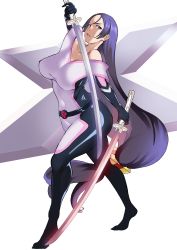 Rule 34 | 1girl, absurdres, breasts, commission, cosplay, curvy, dual wielding, energy blade, fate/grand order, fate (series), highres, holding, holding sword, holding weapon, large breasts, long hair, marvel, minamoto no raikou (fate), parted bangs, pixiv commission, psylocke, psylocke (cosplay), shiki (love-saber), sword, weapon, x-men