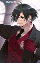 Rule 34 | 1boy, artist name, black eyes, black hair, black jacket, black necktie, collared shirt, commentary request, constantine xi (fate), earrings, fate/grand order, fate (series), formal, gloves, jacket, jewelry, light smile, looking away, male focus, meiji ken, necktie, red gloves, red vest, shirt, short hair, smile, solo, upper body, vest, white shirt