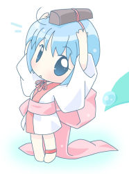 Rule 34 | 00s, 1girl, anklet, arms up, binchou-tan, binchou-tan (character), blue eyes, blue hair, chibi, full body, jewelry, looking at viewer, matching hair/eyes, mirai (sugar), short hair, simple background, solo, standing, white background