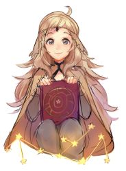 Rule 34 | 1girl, ahoge, blonde hair, book, cape, center opening, circlet, eyebrows, fire emblem, fire emblem fates, grey eyes, holding, holding book, llicornia, long hair, looking at viewer, nintendo, ophelia (fire emblem), simple background, sitting, smile, solo, star (symbol), white background