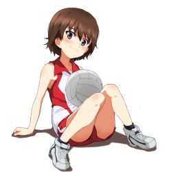 Rule 34 | 1girl, armpit peek, ball, bare shoulders, blouse, blush, breasts, brown eyes, brown hair, closed mouth, collarbone, full body, girls und panzer, gym shorts, isobe noriko, kayabakoro, looking at viewer, red shirt, shadow, shiny skin, shirt, short, short hair, shorts, simple background, sitting, sleeveless, small breasts, smile, solo, sportswear, volleyball, volleyball (object), volleyball uniform, white background
