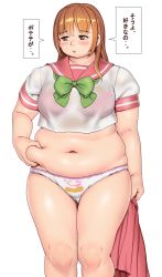 Rule 34 | 1girl, belly, blush, breasts, brown eyes, brown hair, character request, commentary request, copyright request, fat, highres, medium breasts, navel, orizen, plump, see-through, see-through shirt, simple background, skirt, solo, speech bubble, standing, straight-on, thighs, unworn skirt, white background