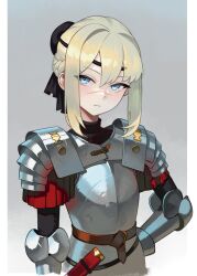 Rule 34 | 1girl, armor, belt, black headband, black shirt, blonde hair, blue eyes, braid, breastplate, brown belt, closed mouth, commentary, couter, cropped arms, cuirass, expressionless, gemi ningen, grey background, hand on own hip, headband, highres, original, outside border, pauldrons, pillarboxed, rerebrace, scar, scar on face, scar on nose, sheath, shirt, short hair, shoulder armor, sidelocks, solo, symbol-only commentary, turtleneck, upper body, vambraces