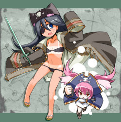 Rule 34 | 2girls, blue eyes, blue hair, boots, captain vanilla, embarrassed, eyepatch, gloves, hat, jacket, kugelschreiber, multiple girls, onoha mespos, pink hair, pirate hat, rance (series), rance quest, sandals, skull and crossbones, swimsuit, sword, tan, tanline, twintails, weapon