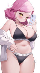 Rule 34 | 1girl, artist name, blush, breasts, cameltoe, cellphone, cleavage, cleft of venus, collarbone, commentary, eden (shiroki yuutsu), english commentary, highres, large breasts, medium hair, original, phone, pink hair, simple background, solo, underwear, underwear only, vanilla (eden (shiroki yuutsu)), white background, yellow eyes