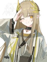 Rule 34 | 1girl, arknights, black choker, blush, bracelet, brown dress, brown eyes, brown hair, choker, closed mouth, coat, collarbone, commentary, doodle inset, dress, hand up, highres, infection monitor (arknights), jewelry, laurels, long hair, looking at viewer, muelsyse (arknights), one eye closed, pointy ears, sidelocks, simple background, smile, solo, soramaru 310, straight hair, upper body, very long hair, white background, white coat