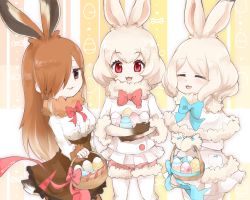 Rule 34 | 10s, 3girls, :3, = =, albino, animal ear fluff, animal ears, aqua bow, aqua bowtie, arctic hare (kemono friends), blush, bow, bowtie, brown eyes, brown gloves, brown hair, brown legwear, capelet, center frills, closed eyes, commentary request, easter, easter egg, egg, european hare (kemono friends), frills, fur-trimmed capelet, fur-trimmed shorts, fur-trimmed sleeves, fur collar, fur trim, gloves, gradient hair, hair over one eye, heart, heart print, jitome, juliet sleeves, kemono friends, lolita fashion, long hair, long sleeves, looking at viewer, miniskirt, mittens, mountain hare (kemono friends), multicolored hair, multiple girls, open mouth, pantyhose, pantyhose under shorts, pastel colors, pink bow, pink neckwear, platinum blonde hair, pocket, puffy shorts, puffy sleeves, rabbit ears, rabbit girl, rabbit tail, red eyes, ringlets, shiny skin, shirt, shirt tucked in, short hair, short shorts, shorts, sitting, skirt, smile, smug, standing, striped, swept bangs, tail, tareme, tatsuno newo, thighhighs, twitter username, two-tone hair, white hair, white legwear, white mittens, white shirt, white shorts