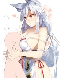 Rule 34 | ..., 1boy, 1girl, animal ear fluff, animal ears, bad id, bad pixiv id, bare arms, bare shoulders, blush, breast smother, breasts, cleavage, collarbone, commentary request, cowboy shot, face to breasts, fox ears, fox tail, groin, heart, large breasts, long hair, looking at another, original, panties, pelvic curtain, red eyes, red panties, side-tie panties, sideboob, sidelocks, silver hair, slit pupils, smile, spoken ellipsis, standing, strapless, suminagashi, tabard, tail, underwear, white background, wolf ears, wolf tail