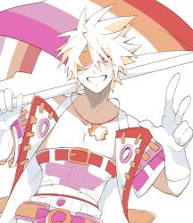 Rule 34 | 1boy, absurdres, alternate eye color, belt, blonde hair, blush, covered abs, eyepatch, flag, flagpole, gloves, gradient eyes, grin, guilty gear, guilty gear xrd, highres, holding, holding flag, jewelry, lesbian flag, looking at viewer, male focus, multicolored eyes, necklace, pectorals, pink eyes, red eyes, short hair, sin kiske, slippy (734nyui), smile, v, variant set, white gloves