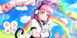 Rule 34 | 1girl, absurdres, animal ear headphones, animal ears, animal print, arm warmers, artist name, artist request, black sailor collar, blue sky, blunt bangs, blush, breasts, brown eyes, butterfly print, cat ear headphones, cat print, cat tail, cloud, collarbone, crown print, day, dokipipo emotion, dokipipo emotion (love live!), drawing, fake animal ears, female focus, hair ornament, headphones, heart, heart (symbol), heart print, highres, holding, holding letter, holding notebook, letter, looking at viewer, love live!, love live! nijigasaki high school idol club, love live! school idol festival, love live! school idol festival all stars, neckerchief, necktie, notebook, on stage, outdoors, paper, parted lips, pink hair, pink neckerchief, pink necktie, puffy short sleeves, puffy sleeves, rainbow, sailor collar, shirt, short hair, short sleeves, sketchbook, sky, small breasts, smile, solo, stage, stage lights, star (symbol), star print, striped, striped sleeves, sunlight, suspenders, tail, tennoji rina, tree, upper body, white shirt, yellow eyes