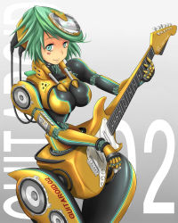 Rule 34 | 1girl, android, ao usagi, bodysuit, breasts, cable, cassette player, cd player, electric guitar, gradient background, green eyes, green hair, guitar, hip focus, instrument, matching hair/eyes, medium breasts, original, personification, plectrum, short hair, simple background, smile, solo, speaker, usb, wide hips, wire