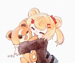 Rule 34 | 1girl, :d, affectionate, animal ears, arknights, bear ears, blonde hair, blush, brown sweater, candy hair ornament, chinese commentary, closed eyes, commentary request, creatures (company), crossover, food-themed hair ornament, game freak, gummy (arknights), hair ornament, hairclip, happy, highres, holding, holding pokemon, nintendo, open mouth, painting (medium), pokemon, pokemon (creature), qioling scarlet, short hair, smile, sweater, traditional media, watercolor (medium)
