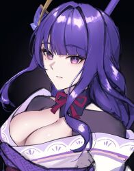 Rule 34 | 1girl, black background, braid, breasts, cleavage, closed mouth, dark background, expressionless, genshin impact, hair ornament, hal aluha, highres, japanese clothes, kimono, large breasts, long hair, looking at viewer, mole, mole under eye, purple eyes, purple hair, raiden shogun, simple background, sketch, solo, upper body