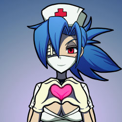 Rule 34 | + +, 1girl, blue hair, breasts, choker, cleavage, eyepatch, gloves, hat, heart, heart hands, large breasts, looking at viewer, mask, mouth mask, nurse, nurse cap, shisen, skullgirls, solo, surgical mask, symbol-shaped pupils, valentine (skullgirls), white gloves