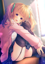 Rule 34 | 1girl, :d, areola slip, black skirt, black thighhighs, brown hair, cardigan, commentary request, fang, garter straps, green ribbon, hair between eyes, hair ribbon, highres, hugging own legs, knee up, long hair, long sleeves, looking at viewer, mizukoshi mayu, moe2021, no bra, no shoes, open cardigan, open clothes, open mouth, original, pink cardigan, plaid, plaid skirt, pleated skirt, purple eyes, ribbon, see-through, shirt, sitting, skirt, sleeves past wrists, smile, solo, thighhighs, two side up, wet, wet clothes, wet shirt, white shirt
