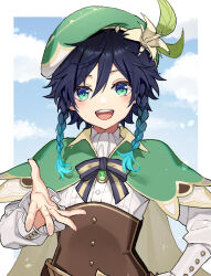 Rule 34 | 1boy, beret, blue hair, blue sky, blush, border, bow, bowtie, braid, buttons, capelet, cloud, cloudy sky, collared shirt, commentary request, corset, flower, gem, genshin impact, gradient hair, green capelet, green eyes, green gemstone, green hat, hair between eyes, hand on own hip, hand up, hat, hat flower, hat ornament, leaf, leaf hat ornament, long sleeves, looking at viewer, male focus, multicolored bow, multicolored bowtie, multicolored hair, nage (sacosui ng), open mouth, outside border, puffy long sleeves, puffy sleeves, purple bow, purple bowtie, purple hair, shirt, short hair, sky, smile, solo, standing, striped bow, striped bowtie, striped clothes, teeth, tongue, twin braids, venti (genshin impact), vision (genshin impact), white border, white shirt, wing collar, yellow bow, yellow bowtie, yellow flower