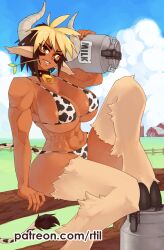 Rule 34 | 1girl, abs, absurdres, alternate costume, animal ears, animal feet, animal print, bare shoulders, bell, bikini, blue sky, breasts, cathyl, cloud, commentary, cow ears, cow girl, cow print, cow tail, cowbell, dark-skinned female, dark skin, day, english commentary, farm, fence, field, grass, grin, highres, holding, horns, huge breasts, knee up, looking at viewer, monster girl, monster musume no iru nichijou, mouth hold, multicolored hair, muscular, muscular female, neck bell, on fence, outdoors, patreon username, print bikini, rtil, short hair, sitting, sky, smile, solo, stalk in mouth, straw (stalk), swimsuit, tail, tank (container), tsurime, two-tone hair, v-shaped eyebrows, variant set, watermark, web address, wooden fence, yellow eyes