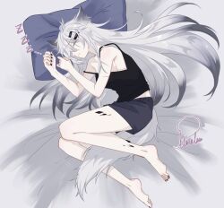 Rule 34 | 1girl, animal ears, arknights, bare legs, bare shoulders, barefoot, black nails, black tank top, boxers, closed eyes, itonatsu, lappland (arknights), long hair, male underwear, material growth, nail polish, oripathy lesion (arknights), pale skin, pillow, scar, scar across eye, sleeping, solo, tail, tank top, toenail polish, toenails, toes, underwear, white hair, wolf ears, wolf girl, wolf tail