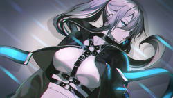 Rule 34 | 1girl, black choker, blue eyes, breasts, choker, collarbone, commentary request, crop top, cropped jacket, eyes visible through hair, grey background, grey hair, hair between eyes, highres, jacket, large breasts, lips, long hair, long sleeves, looking at viewer, mery (yangmalgage), open mouth, parted lips, ponytail, ruvixia, shirt, sidelocks, simple background, solo, upper body, virtual youtuber, white shirt, xino (ruvixia)