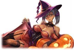 Rule 34 | 1girl, arm support, artist request, bare shoulders, black thighhighs, breasts, brooch, cleavage, clothes lift, code geass, code geass: lost stories, corset, dark-skinned female, dark skin, dress, dress lift, female focus, game cg, garter straps, gem, grey hair, hair ribbon, halloween, hand up, happy, hat, highres, jack-o&#039;-lantern, jewelry, juliet sleeves, large breasts, leaning on object, legs together, lifted by self, lipstick, long sleeves, looking at viewer, lying, makeup, nail polish, non-web source, official art, on side, orange dress, parted lips, print thighhighs, puffy sleeves, purple headwear, purple lips, purple nails, purple ribbon, red gemstone, ribbon, short hair, side ponytail, simple background, smile, solo, spider web print, teeth, thighhighs, thighs, transparent background, villetta nu, witch, witch hat, yellow eyes