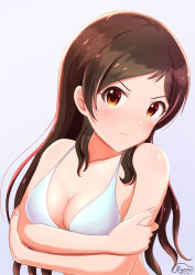 Rule 34 | 1girl, absurdres, bikini, blush, breasts, brown eyes, brown hair, cleavage, closed mouth, collarbone, crossed arms, highres, idolmaster, idolmaster million live!, idolmaster million live! theater days, kitazawa shiho, long hair, looking at viewer, parted bangs, runmo77, simple background, small breasts, solo, swimsuit, upper body, white background, white bikini