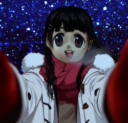 Rule 34 | 1other, ambiguous gender, animegao, blunt bangs, brown eyes, coat, cosplay, duffel coat, fur-trimmed coat, fur trim, gloves, hair ornament, hairclip, kigurumi, light particles, long hair, long sleeves, looking at viewer, meme, nazono mito, nijisanji, open clothes, open coat, open mouth, pov cheek warming (meme), reaching, reaching towards viewer, red gloves, red scarf, scarf, sidelocks, smile, solo, tengu nimuru, tsukino mito, virtual youtuber, white coat, winter gloves