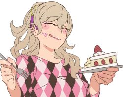 Rule 34 | 1girl, argyle, argyle clothes, argyle sweater, blonde hair, blush, cake, cake slice, closed eyes, closed mouth, commentary request, ear piercing, facial mark, facing viewer, food, fork, hair between eyes, hands up, highres, holding, holding fork, holding plate, long hair, long sleeves, master detective archives: rain code, melami goldmine, mole, mole under mouth, panda himawari, piercing, plate, side cut, simple background, smile, solo, sweater, tongue, tongue out, upper body, white background