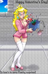 Rule 34 | 1girl, breasts, cleft of venus, highres, indoors, mario (series), nintendo, nipples, no panties, open clothes, open shirt, piranha plant, princess peach, pussy, shirt, sky, solo, super mario bros. 1, thighhighs, uncensored