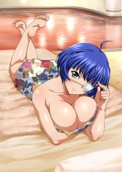 Rule 34 | 1girl, ass, barefoot, blue hair, breasts, cleavage, covering privates, curvy, eyepatch, feet, female focus, floral print, green eyes, highres, hip focus, ikkitousen, large breasts, legs, lying, mole, naked towel, official art, on bed, ryomou shimei, short hair, smile, soles, solo, thick thighs, thighs, toes, towel, waifu2x, wide hips