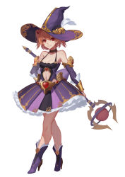 Rule 34 | 1girl, bad id, bad pixiv id, bare shoulders, boots, breasts, brown hair, catsmoon, cleavage, collar, feathers, full body, hat, heart, high heel boots, high heels, highres, holding, holding staff, looking at viewer, medium breasts, navel, original, purple hat, red eyes, short hair, simple background, smile, solo, staff, standing, white background, witch hat