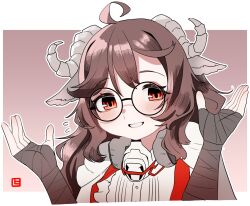Rule 34 | 1girl, animal ears, arknights, blush, brown hair, character request, cow ears, cow girl, cow horns, glasses, highres, horns, medium hair, red eyes, shima (wideshi ma), smile, solo, upper body