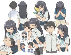 Rule 34 | 1boy, 1girl, :o, arms around neck, black hair, blue eyes, blue neckerchief, blue sailor collar, blue skirt, breast pocket, brown hair, carrying, cellphone, closed eyes, collared shirt, commentary request, cropped legs, crying, flip phone, flower, hanashiro anzu, hand on another&#039;s face, hetero, holding, holding flower, holding phone, lap pillow, long hair, looking ahead, looking at another, multiple views, natsu e no tunnel sayonara no deguchi, neckerchief, o o, open mouth, out of frame, own hands together, pants, phone, piggyback, pleated skirt, pocket, profile, purple eyes, sailor collar, school uniform, serafuku, shirt, short hair, short sleeves, sideways glance, sitting, skirt, slit pupils, straight hair, sunflower, touno kaoru, tsubobot, v-shaped eyebrows, wariza, white shirt
