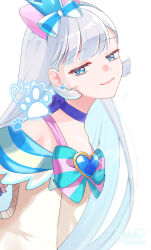 Rule 34 | 1girl, aqua bow, aqua bowtie, artist name, blue choker, blue crown, blue eyes, blue hairband, bow, bowtie, brooch, choker, commentary, crown, crown earrings, cure nyammy, dress, enishidayuu, hair bow, hairband, half-closed eyes, heart, heart brooch, highres, jewelry, leaning forward, long hair, looking at viewer, magical girl, mini crown, nekoyashiki yuki, off-shoulder dress, off shoulder, paw print, pink bow, pointed crown, precure, signature, solo, standing, straight hair, white background, white dress, white hair, wonderful precure!