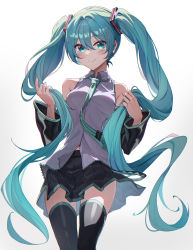 Rule 34 | 1girl, aqua eyes, aqua hair, aqua nails, aqua necktie, bare shoulders, bib (bibboss39), black skirt, black sleeves, black thighhighs, blush, breasts, c:, closed mouth, collared shirt, commentary, detached sleeves, feet out of frame, gradient background, grey background, grey shirt, hair between eyes, hatsune miku, highres, holding, holding hair, long hair, looking at viewer, medium breasts, miniskirt, nail polish, necktie, pleated skirt, shirt, skirt, sleeveless, sleeveless shirt, smile, solo, tattoo, thighhighs, twintails, very long hair, vocaloid, white background, wide sleeves, zettai ryouiki