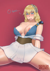 Rule 34 | 1girl, areola slip, blonde hair, breasts, cleavage, cleft of venus, dress, highres, joylewds, large breasts, namco, pussy, see-through, sitting, solo, sophitia alexandra, soul calibur, tagme, uncensored