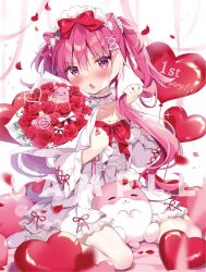 Rule 34 | 1girl, :&lt;, animal ear fluff, animal ears, anniversary, balloon, blurry, blurry foreground, blush, bouquet, bow, breasts, collarbone, copyright request, depth of field, dress, flower, frilled sleeves, frills, hair between eyes, hair bow, hair ornament, hairclip, heart, heart-shaped pillow, heart balloon, hugging object, long hair, long sleeves, medium breasts, pan (mimi), parted lips, petals, pillow, pink hair, pink ribbon, purple eyes, red bow, red flower, red rose, ribbon, rose, sample watermark, shoes, sitting, solo, triangle mouth, twintails, v-shaped eyebrows, very long hair, wariza, watermark, white dress, white footwear, wide sleeves, x hair ornament