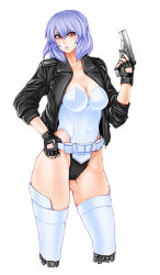 Rule 34 | 1girl, breasts, cyborg, female focus, ghost in the shell, ghost in the shell stand alone complex, gun, handgun, jacket, kusanagi motoko, looking at viewer, pistol, purple hair, short hair, simple background, solo, weapon
